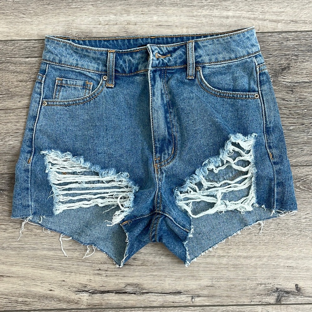 High waisted distressed denim shorts